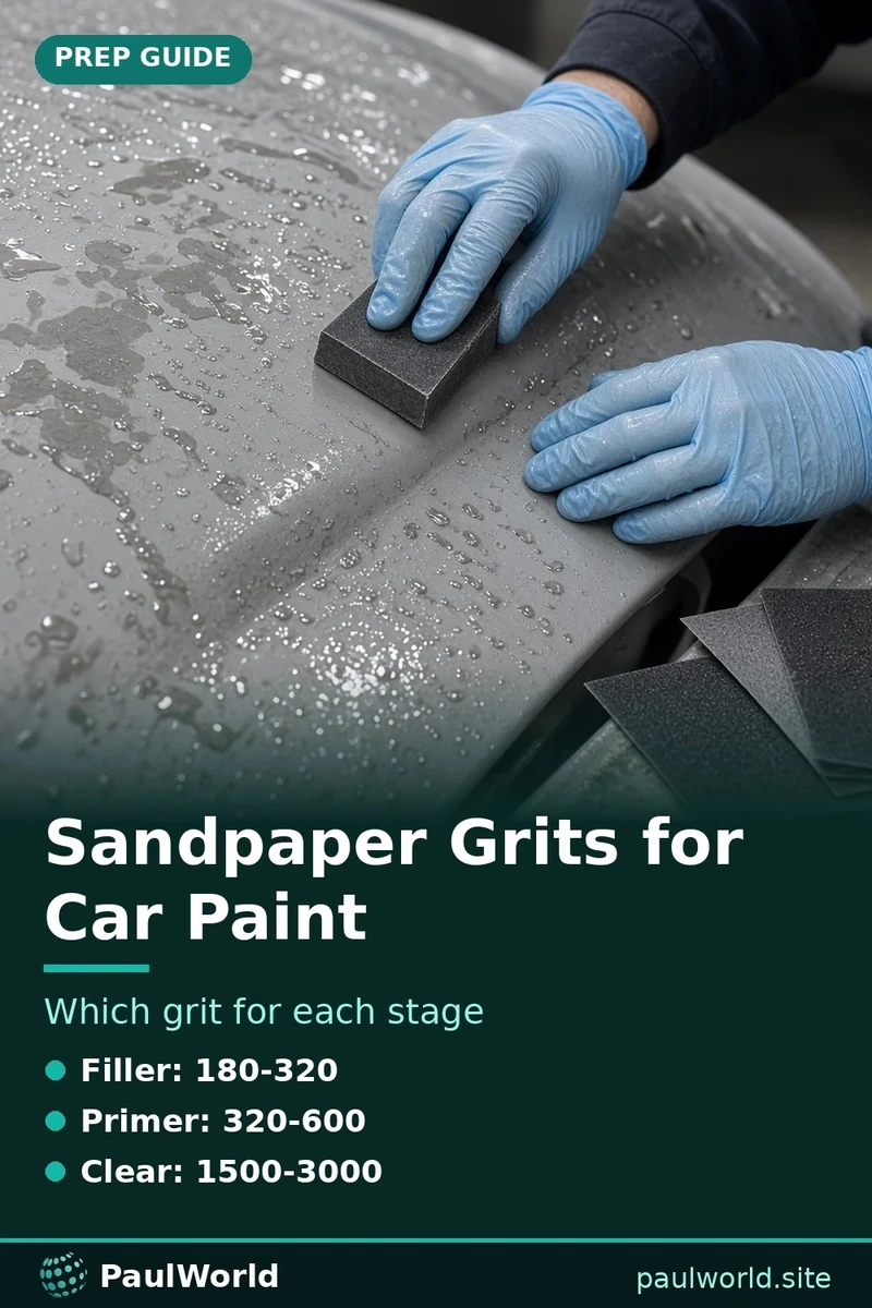 Pin graphic listing sandpaper grits for automotive paint prep, showing wet sanding primer on a car panel