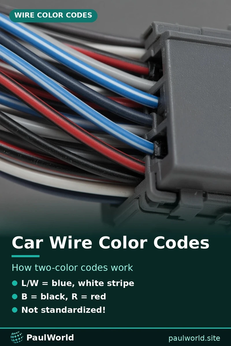 Pin graphic explaining automotive wire color codes with striped blue-white and red-black wires in a connector