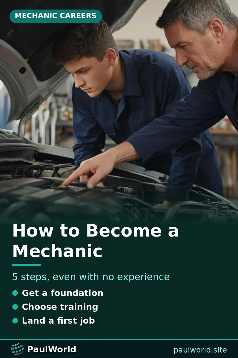 Pin graphic: how to become a mechanic in 5 steps, showing an apprentice and mentor at an engine