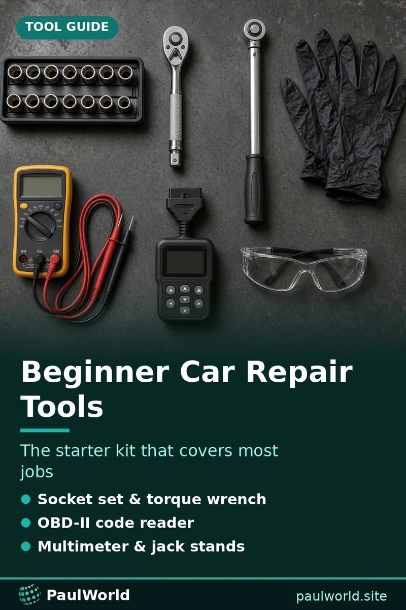 Pin graphic listing beginner car repair tools over a flat lay of sockets, torque wrench, multimeter and code reader