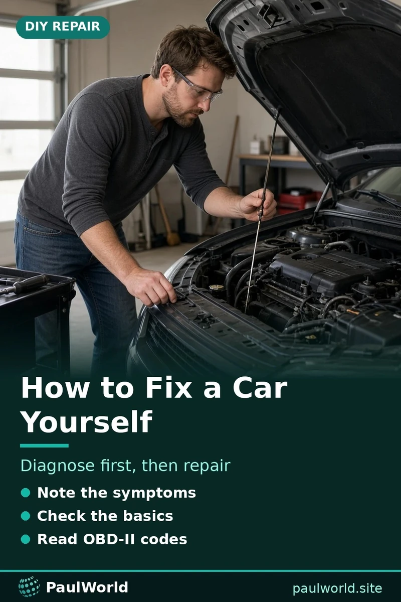 Pin graphic on how to fix a car yourself with diagnosis steps, showing a DIYer checking engine oil