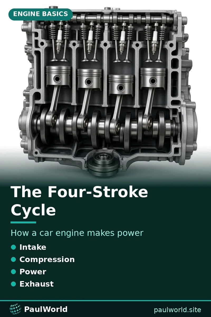 Pin graphic of the four-stroke engine cycle with a cutaway four-cylinder engine showing pistons and crankshaft