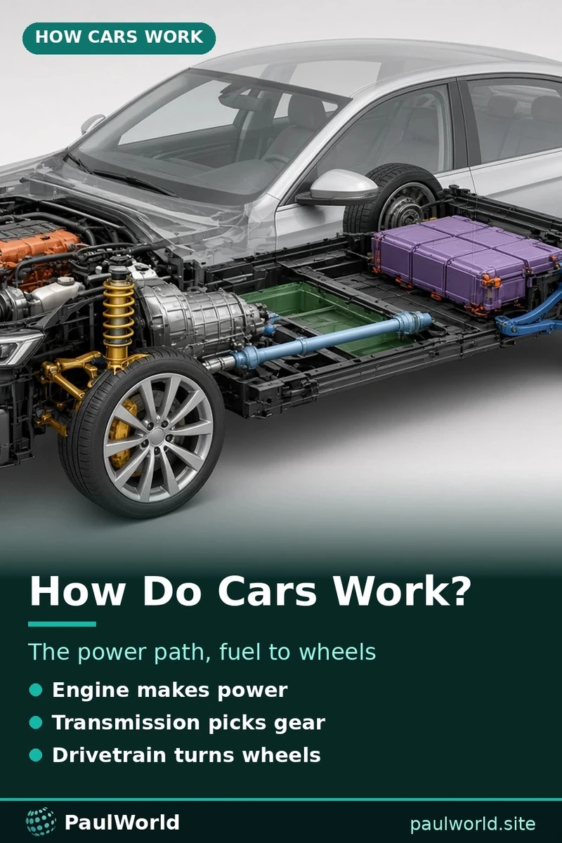 Pin graphic explaining how cars work with a cutaway car showing engine, transmission and drivetrain