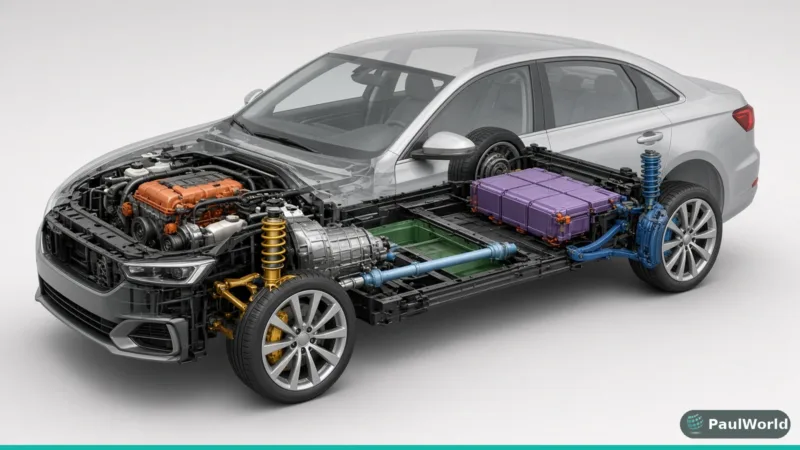 Cutaway illustration of a car showing engine, transmission, drive shaft, suspension, brakes and battery