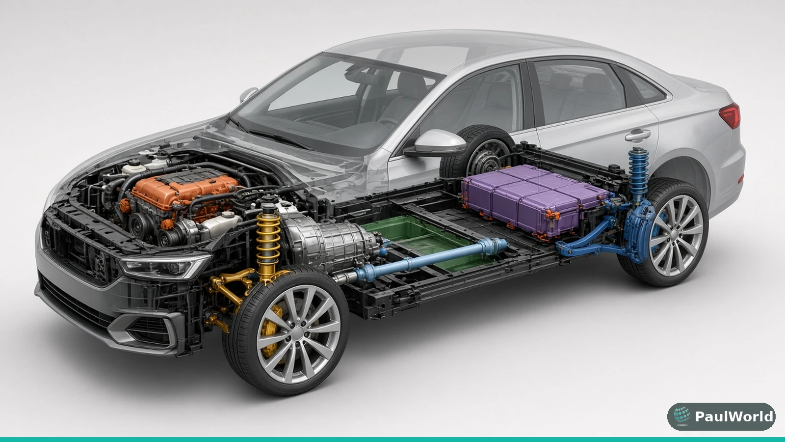 Cutaway illustration of a car showing engine, transmission, drive shaft, suspension, brakes and battery