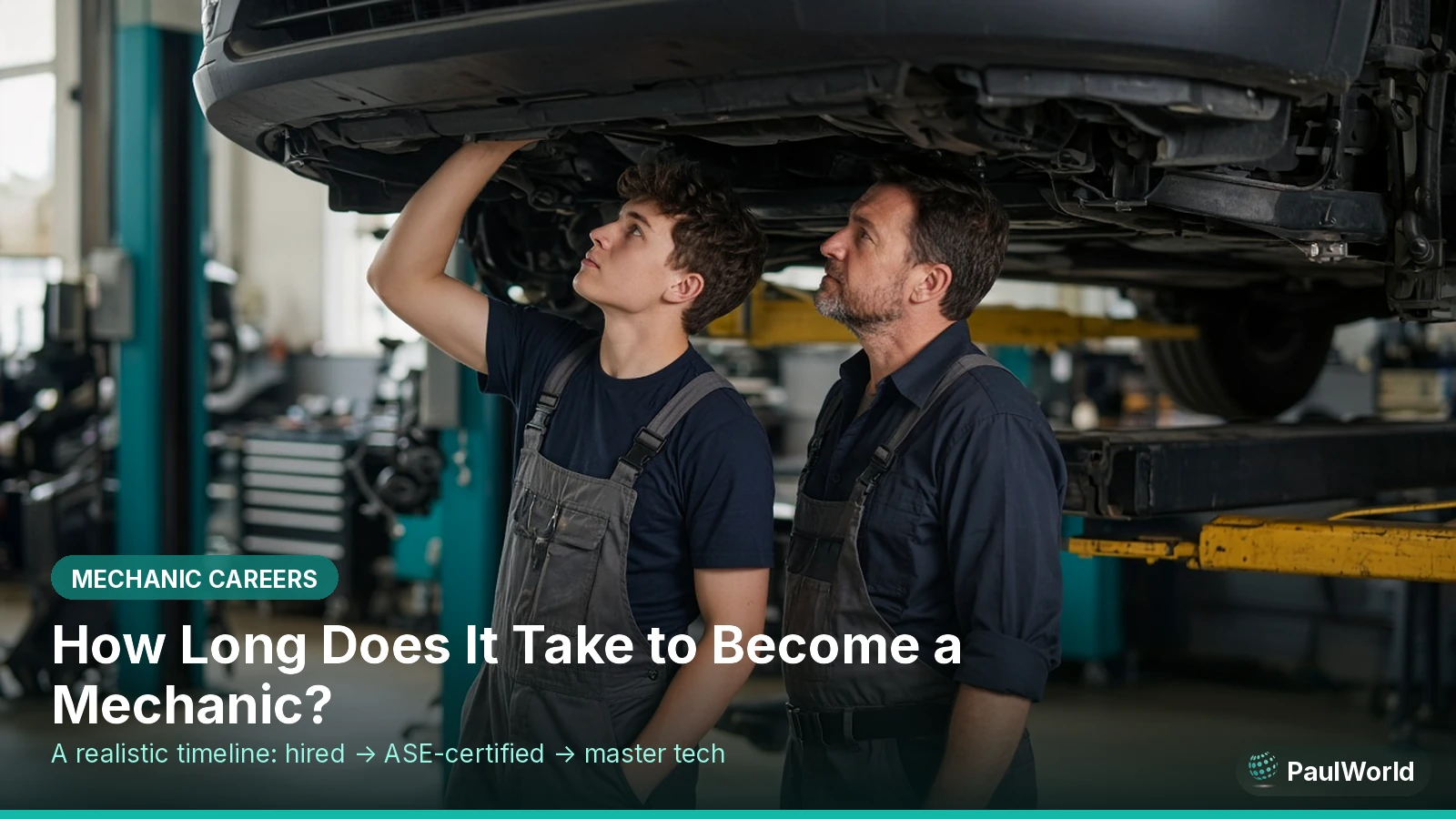 How long to become a mechanic: mentor and trainee under a car on a lift — realistic training timeline