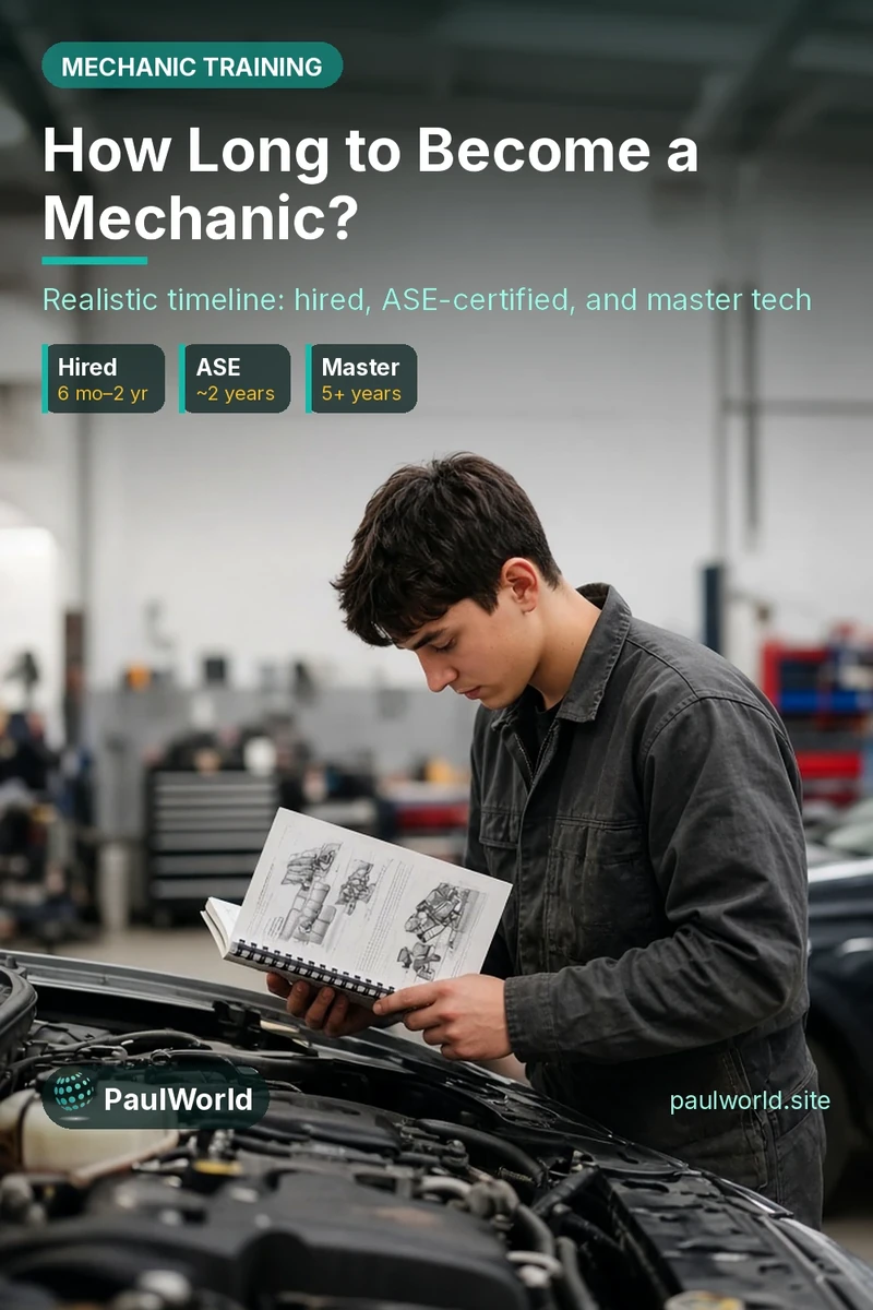 How long to become a mechanic timeline: hired in 6 months to 2 years, ASE in about 2 years, master tech in 5+ years