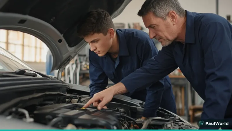 Apprentice auto technician learning engine diagnosis from a senior mechanic in a repair shop