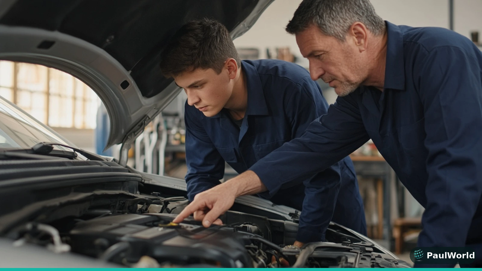 Apprentice auto technician learning engine diagnosis from a senior mechanic in a repair shop