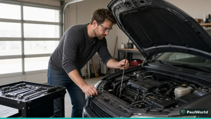 Beginner DIY mechanic in safety glasses checking engine oil dipstick in a home garage