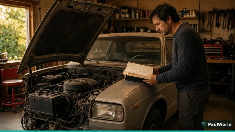 Beginner reading a repair manual on the fender of an older car with the hood open in a garage