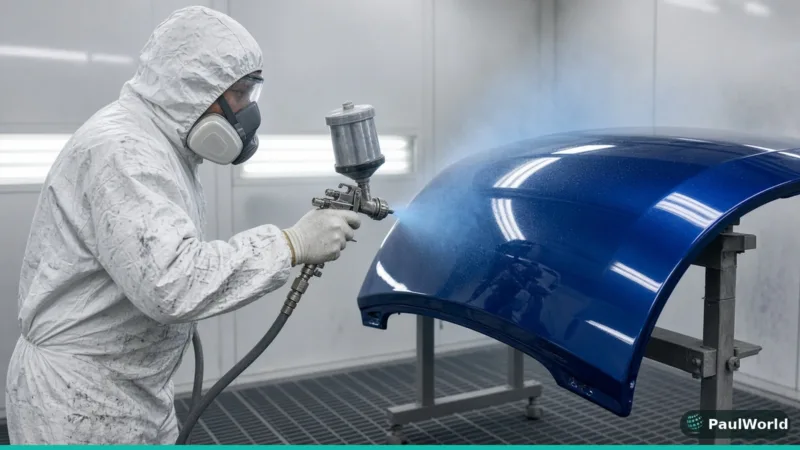 Painter in a respirator spraying blue automotive paint on a car fender with an HVLP spray gun in a paint booth