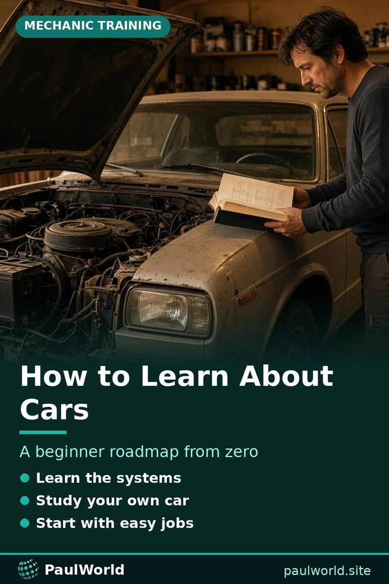 Pin graphic with a beginner roadmap for learning about cars, showing a person reading a repair manual by an old car