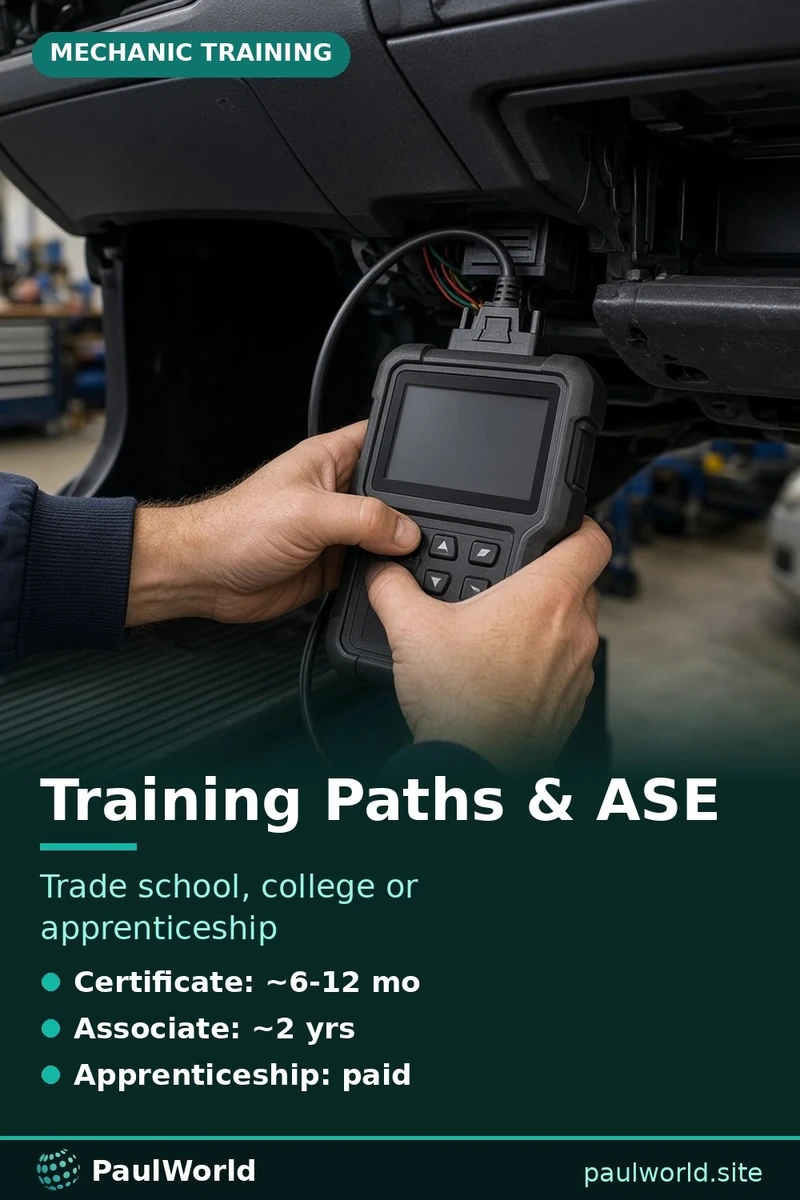 Pin graphic comparing mechanic training paths and ASE certification, with a student using a diagnostic scan tool