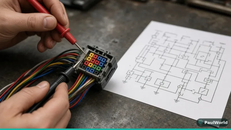 Hands testing an automotive wiring connector with multimeter probes next to an electrical schematic