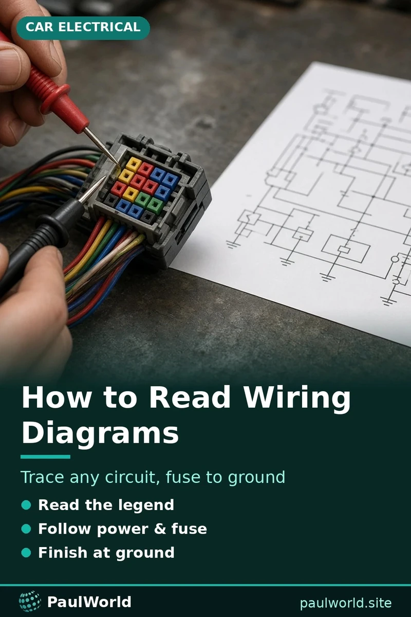 Pin graphic on how to read automotive wiring diagrams, showing multimeter probes on a connector beside a schematic