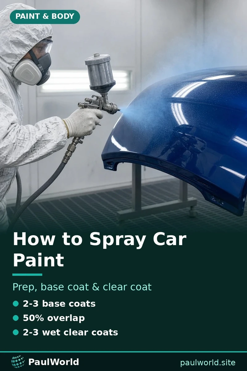Pin graphic on how to spray automotive paint with base and clear coat tips, showing a painter spraying a blue fender