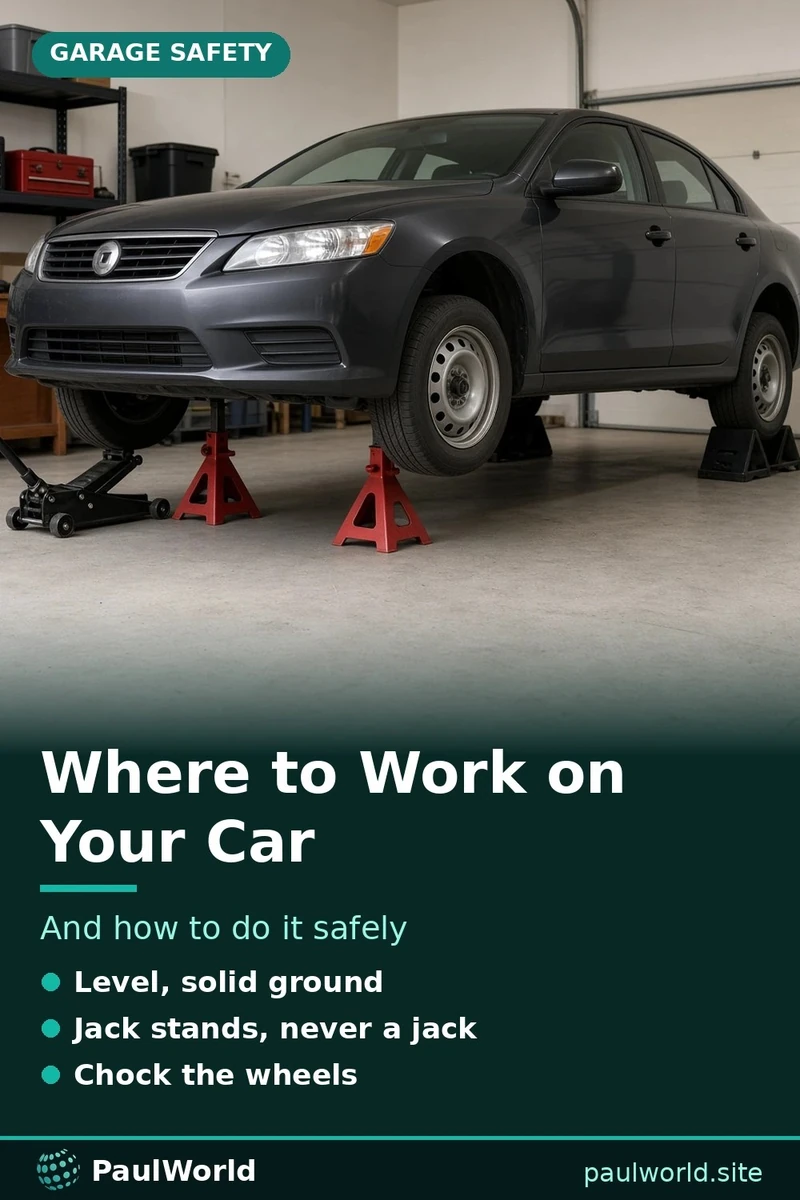 Pin graphic on where and how to safely work on your car, showing a car on jack stands with wheel chocks